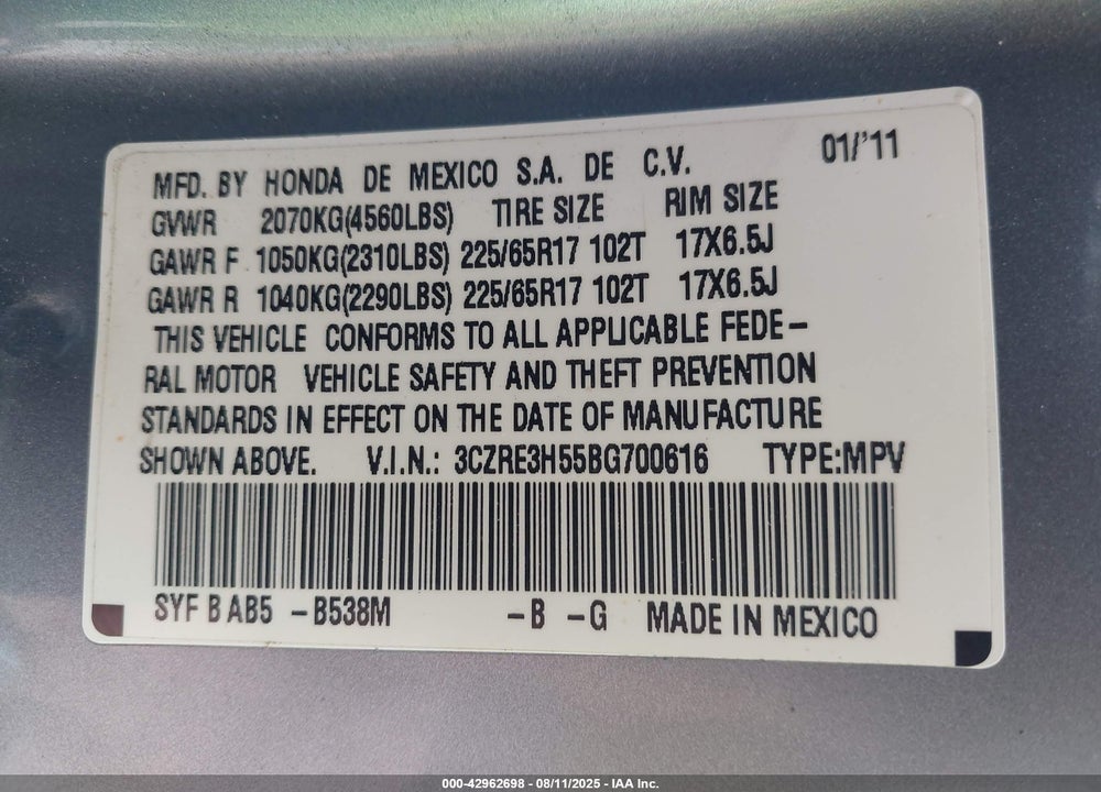 2011 HONDA CR-V VIN: 3CZRE3H55BG700616