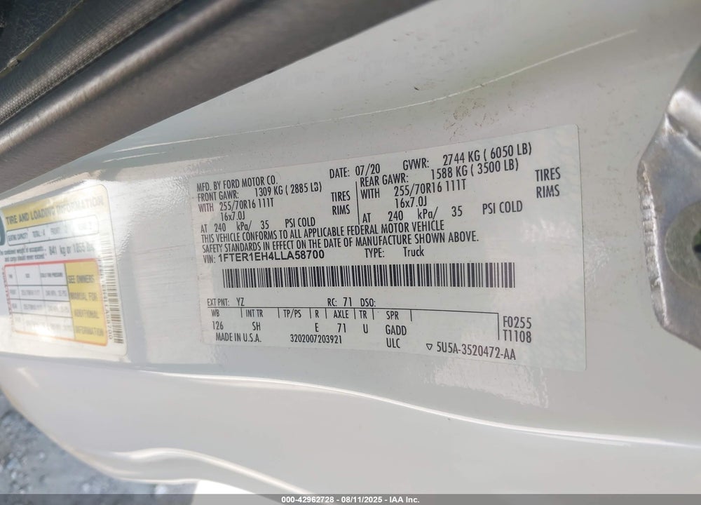 2020 FORD RANGER VIN: 1FTER1EH4LLA58700