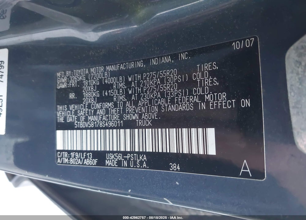 2008 TOYOTA TUNDRA LIMITED 5.7L V8 VIN: 5TBDV58178S496011