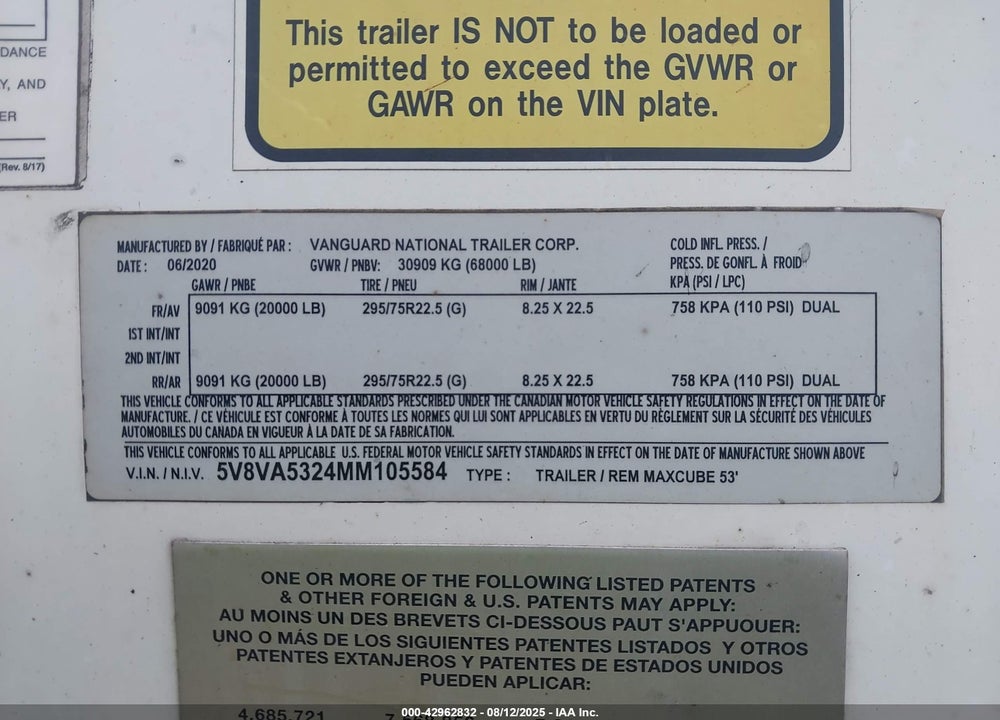2021 VANGUARD NATIONAL TRAILER --- VIN: 5V8VA5324MM105584