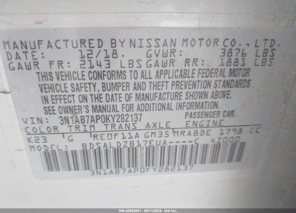 2019 NISSAN SENTRA VIN: 3N1AB7AP0KY282137