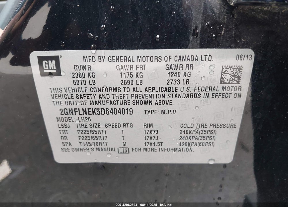 2013 CHEVROLET EQUINOX VIN: 2GNFLNEK5D6404019