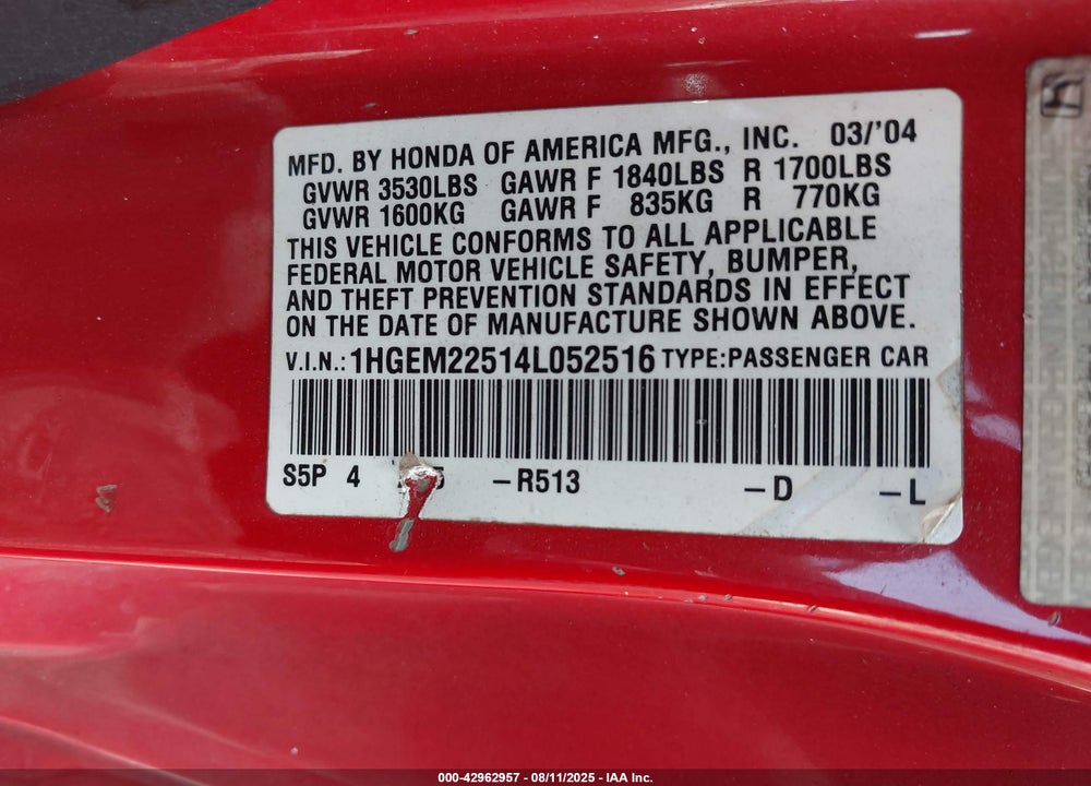 2004 HONDA CIVIC LX VIN: 1HGEM22514L052516