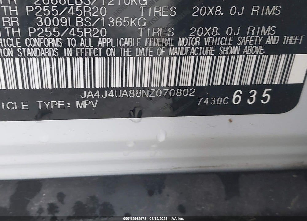 2022 MITSUBISHI OUTLANDER VIN: JA4J4UA88NZ070802
