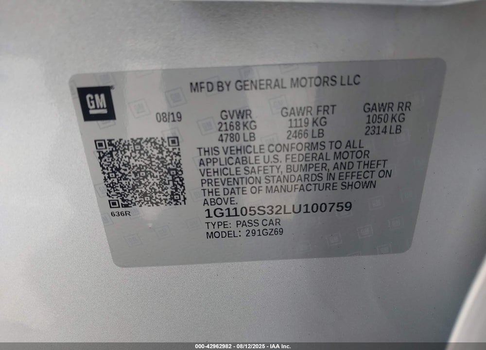 2020 CHEVROLET IMPALA FWD PREMIER VIN: 1G1105S32LU100759