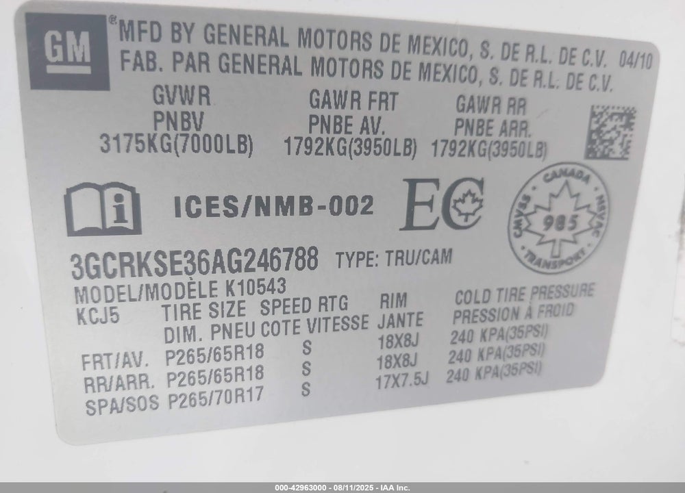 2010 CHEVROLET SILVERADO 1500 LT VIN: 3GCRKSE36AG246788