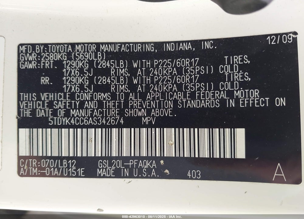 2010 TOYOTA SIENNA XLE VIN: 5TDYK4CC6AS342674