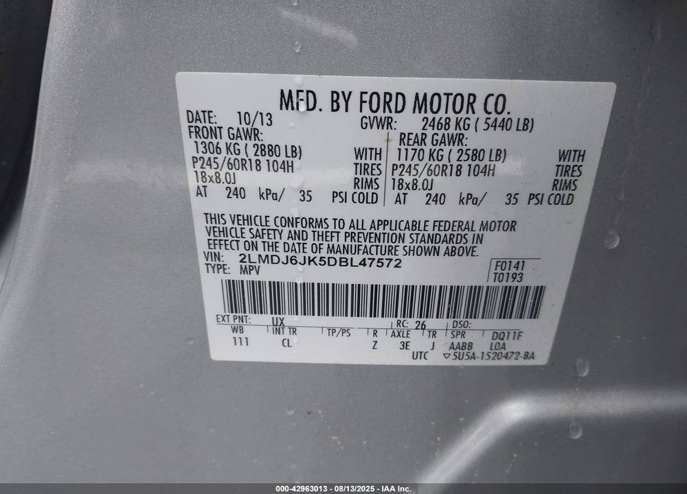 2013 LINCOLN MKX VIN: 2LMDJ6JK5DBL47572