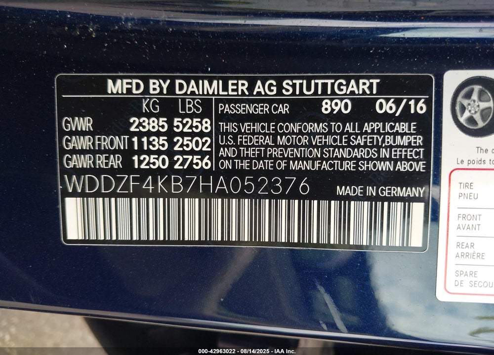 2017 MERCEDES-BENZ E-CLASS VIN: WDDZF4KB7HA052376