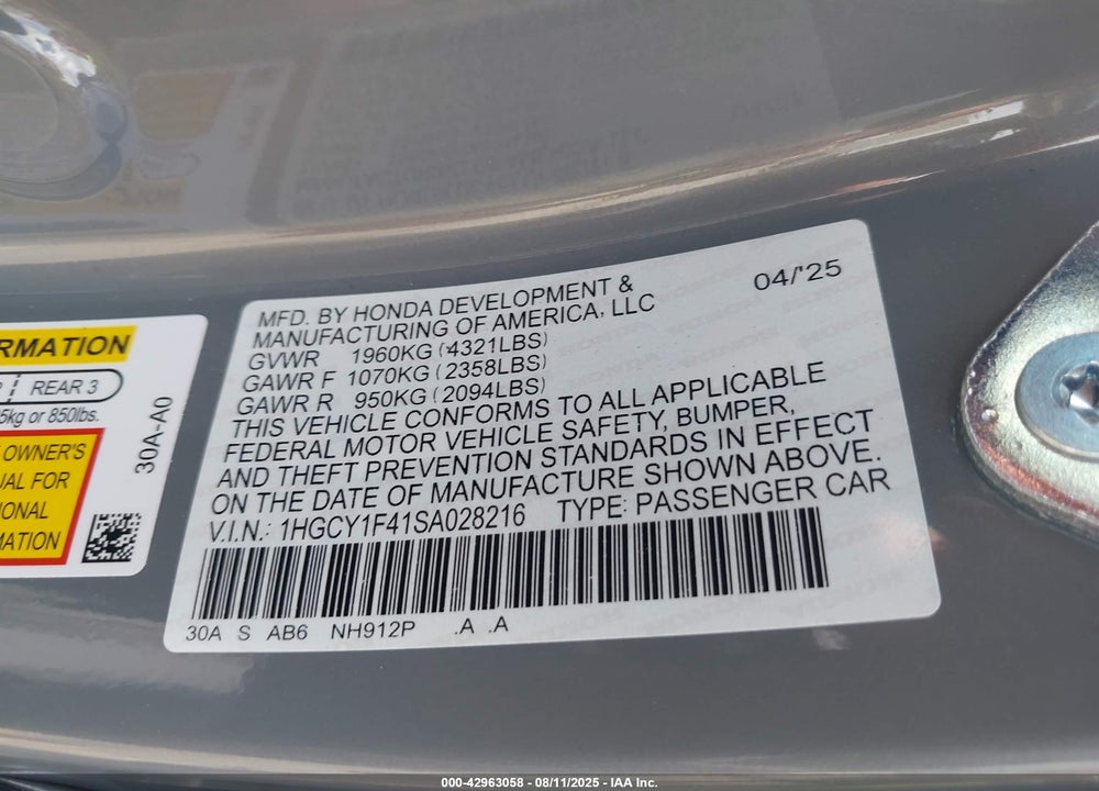 2025 HONDA ACCORD VIN: 1HGCY1F41SA028216