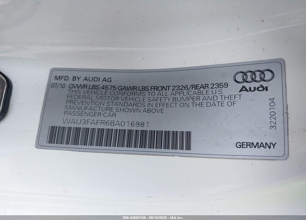 2011 AUDI A5 2.0T PREMIUM VIN: WAU3FAFR6BA016981