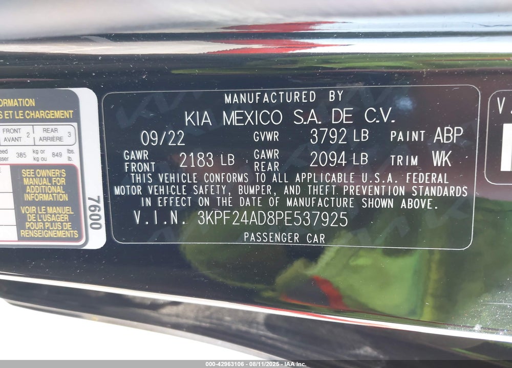 2023 KIA FORTE VIN: 3KPF24AD8PE537925