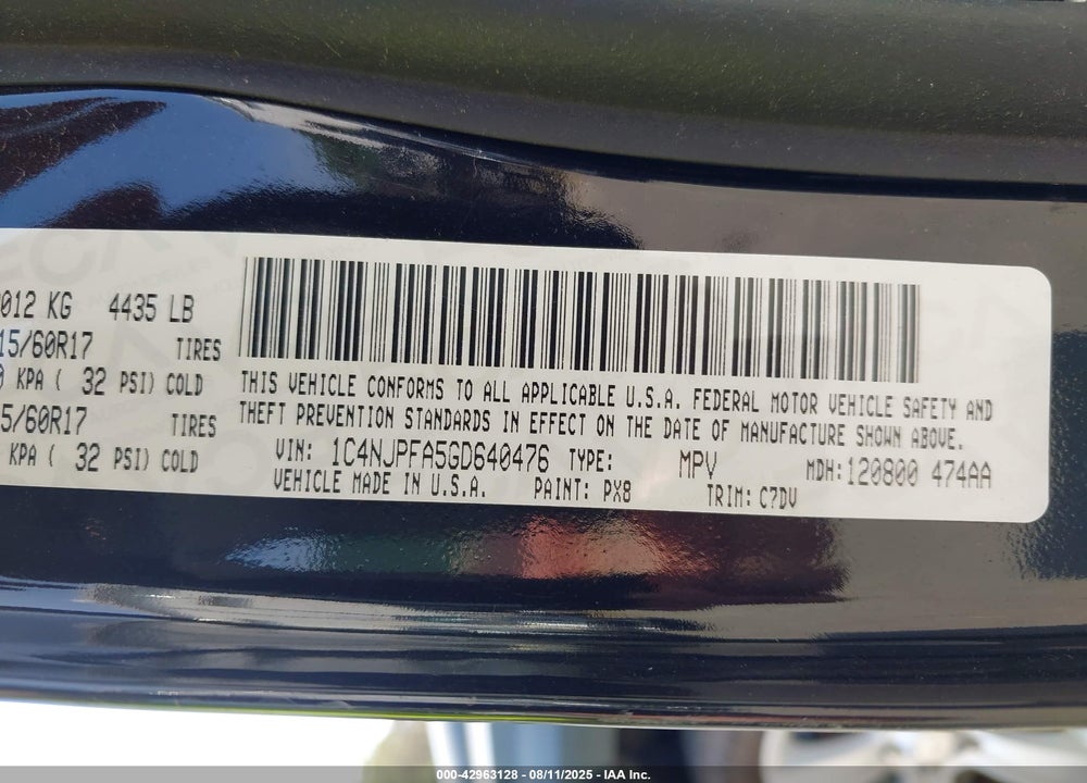 2016 JEEP PATRIOT VIN: 1C4NJPFA5GD640476