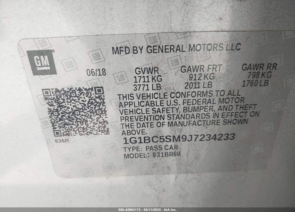 2018 CHEVROLET CRUZE VIN: 1G1BC5SM9J7234233