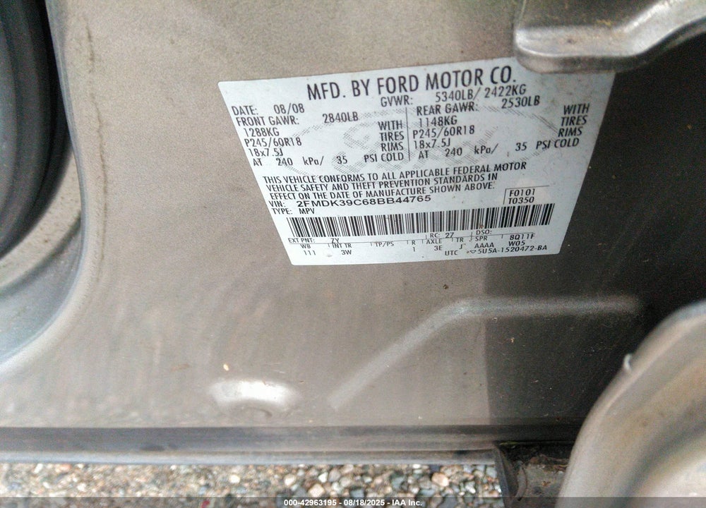 2008 FORD EDGE LIMITED VIN: 2FMDK39C68BB44765