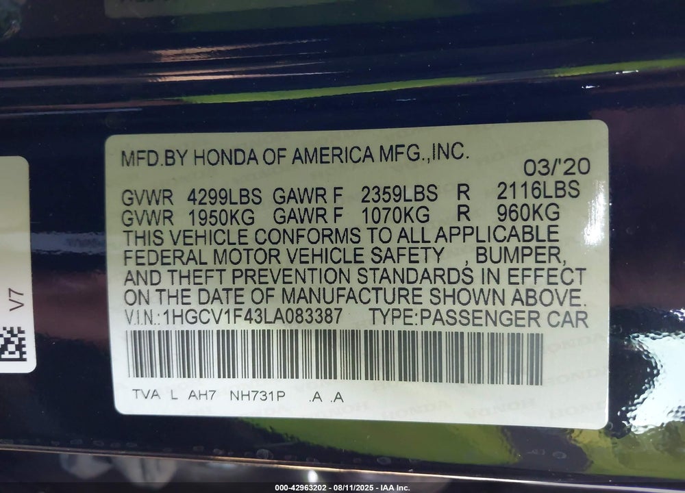 2020 HONDA ACCORD VIN: 1HGCV1F43LA083387