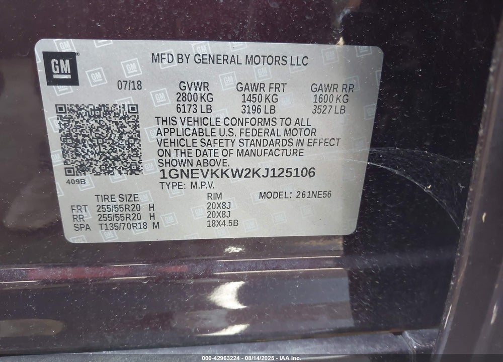 2019 CHEVROLET TRAVERSE PREMIER VIN: 1GNEVKKW2KJ125106