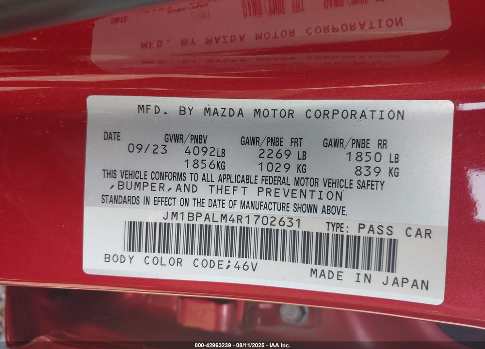 2024 MAZDA 3 VIN: JM1BPALM4R1702631