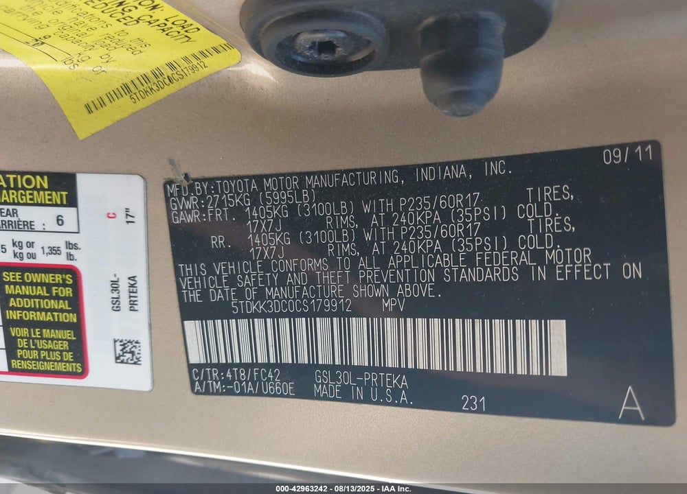 2012 TOYOTA SIENNA LE V6 8 PASSENGER VIN: 5TDKK3DC0CS179912