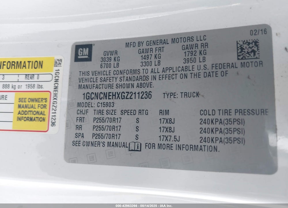 2016 CHEVROLET SILVERADO 1500 VIN: 1GCNCNEHXGZ211236