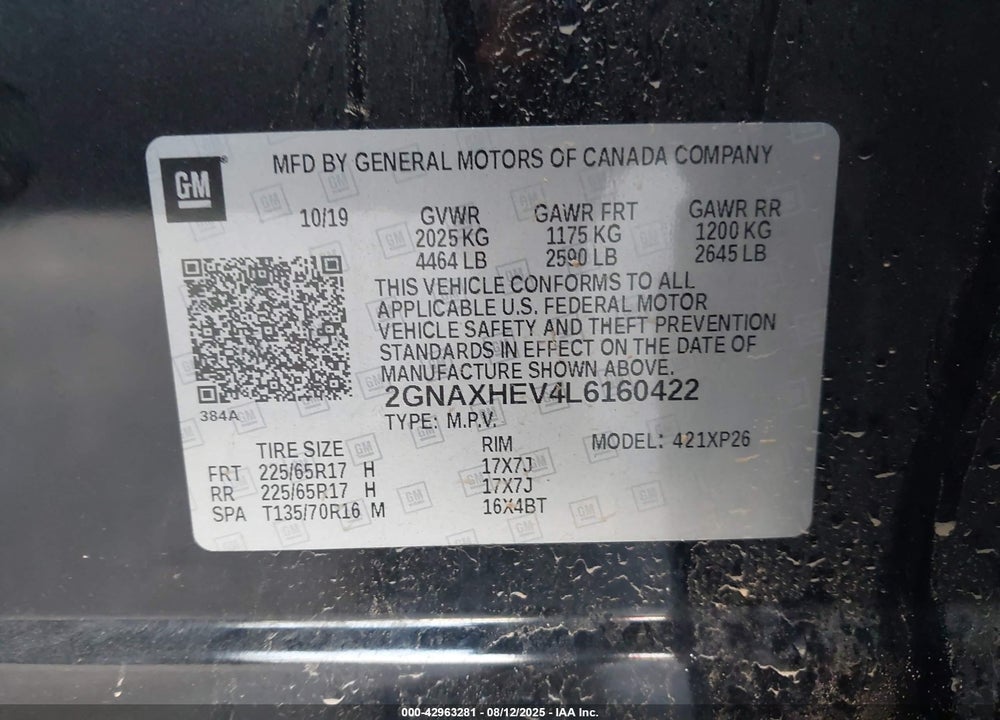 2020 CHEVROLET EQUINOX VIN: 2GNAXHEV4L6160422