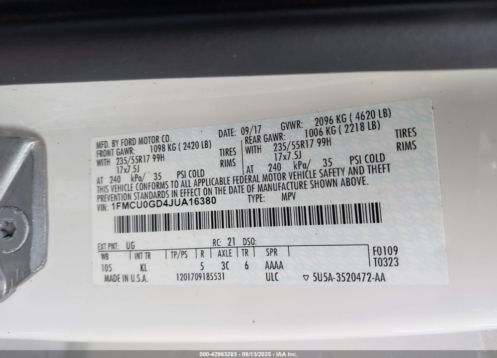 2018 FORD ESCAPE VIN: 1FMCU0GD4JUA16380