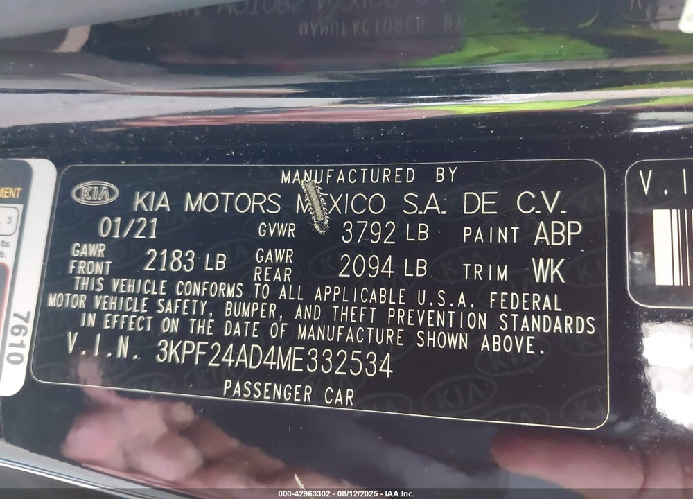 2021 KIA FORTE VIN: 3KPF24AD4ME332534