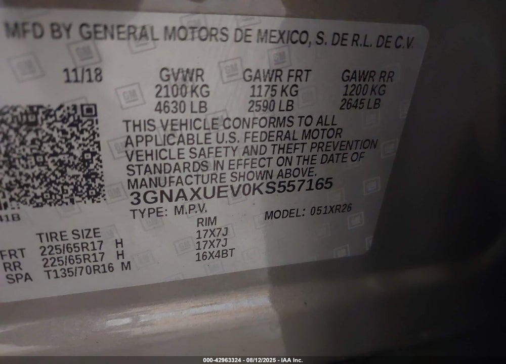 2019 CHEVROLET EQUINOX VIN: 3GNAXUEV0KS557165