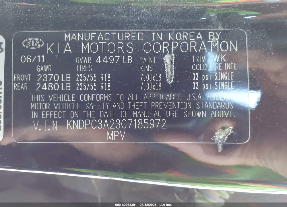 2012 KIA SPORTAGE VIN: KNDPC3A23C7185972