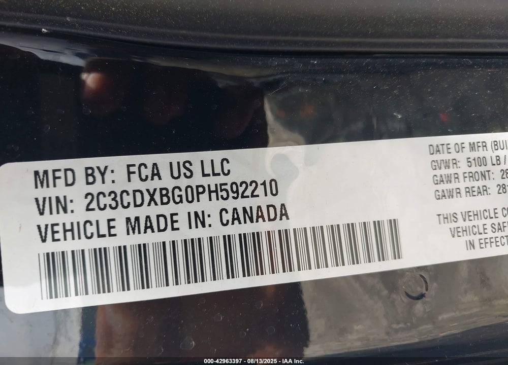 2023 DODGE CHARGER VIN: 2C3CDXBG0PH592210