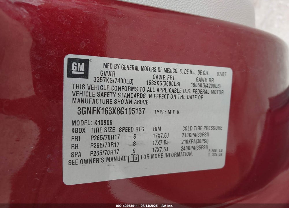 2008 CHEVROLET SUBURBAN 1500 LT VIN: 3GNFK163X8G105137