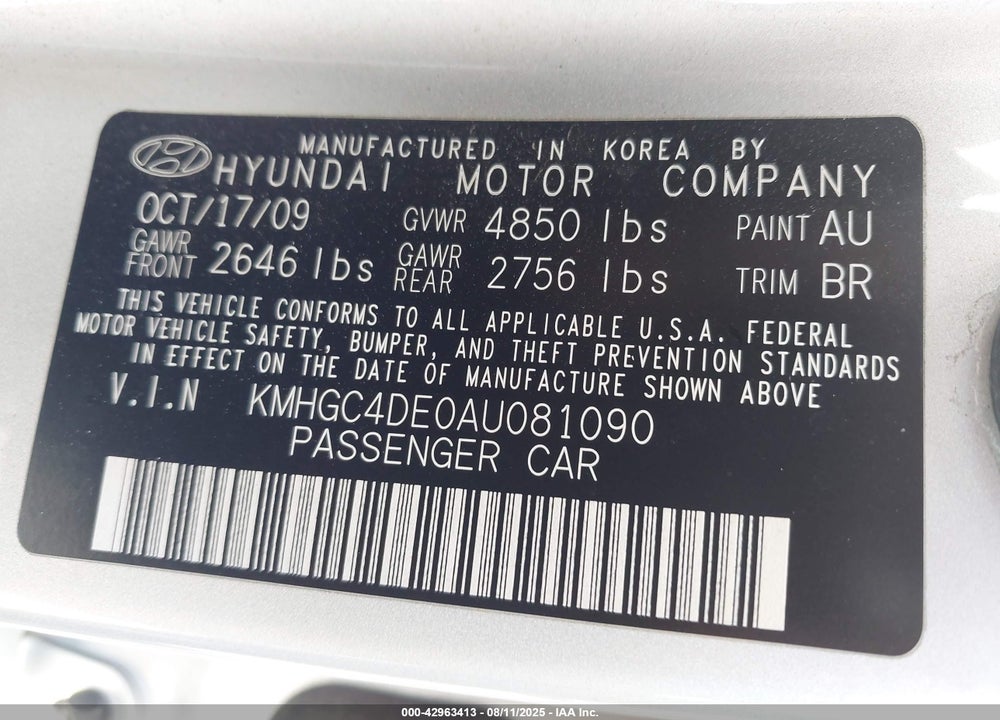 2010 HYUNDAI GENESIS VIN: KMHGC4DE0AU081090