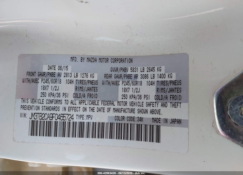 2015 MAZDA CX-9 VIN: JM3TB2CA9F0465724
