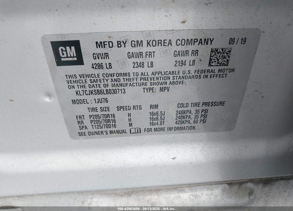 2020 CHEVROLET TRAX FWD LS VIN: KL7CJKSB6LB030713