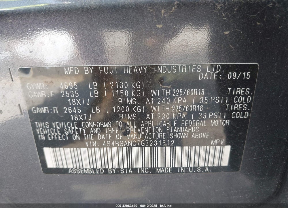2016 SUBARU OUTBACK VIN: 4S4BSANC7G3231512