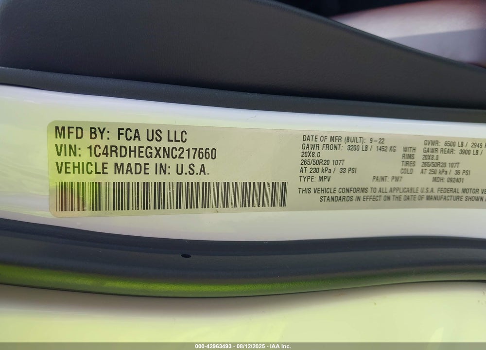 2022 DODGE DURANGO VIN: 1C4RDHEGXNC217660