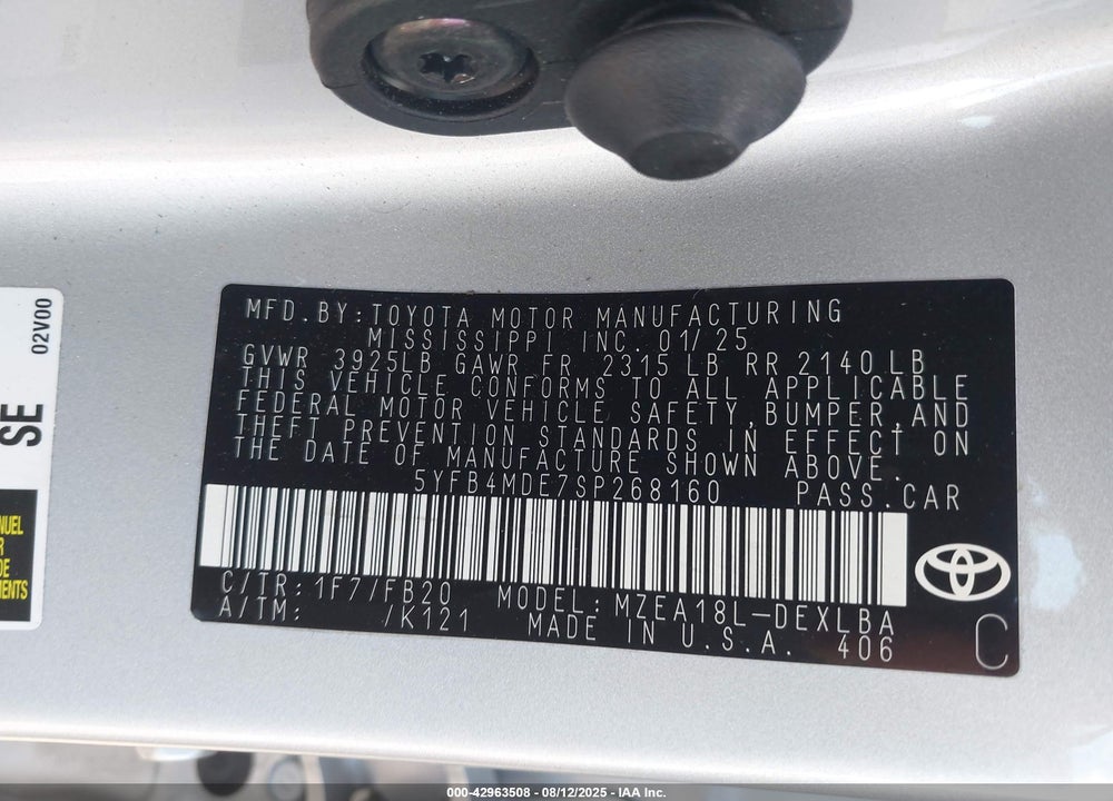 2025 TOYOTA COROLLA VIN: 5YFB4MDE7SP268160