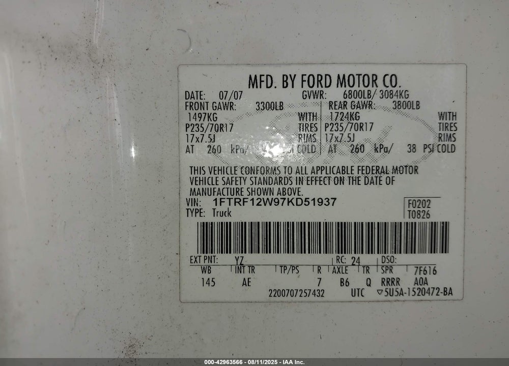 2007 FORD F-150 STX/XL/XLT VIN: 1FTRF12W97KD51937