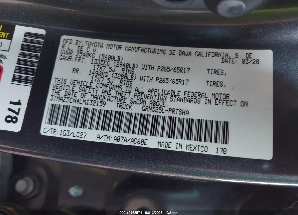 2020 TOYOTA TACOMA VIN: 3TMAZ5CN4LM132159