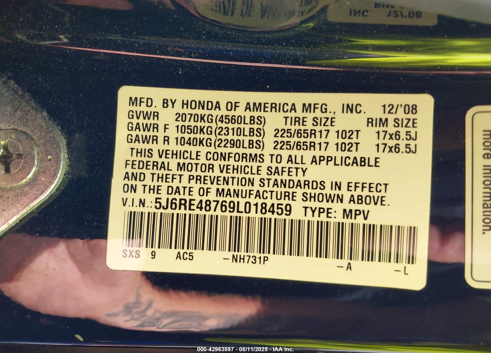 2009 HONDA CR-V VIN: 5J6RE48769L018459