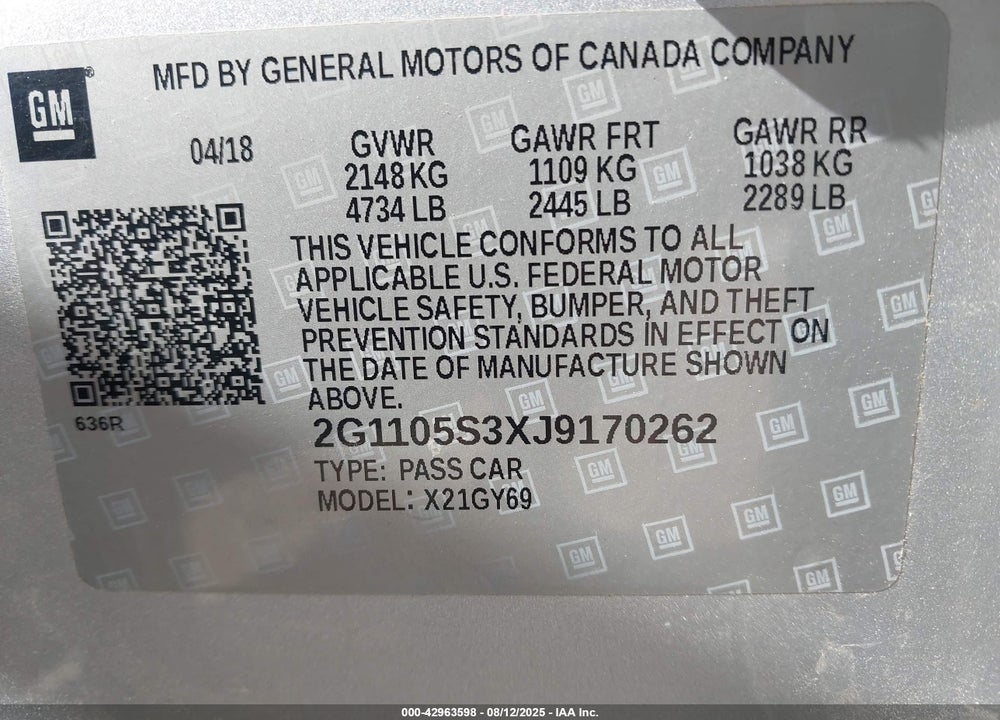 2018 CHEVROLET IMPALA 1LT VIN: 2G1105S3XJ9170262