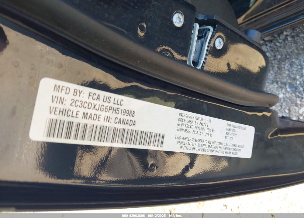 2023 DODGE CHARGER VIN: 2C3CDXJG6PH519988
