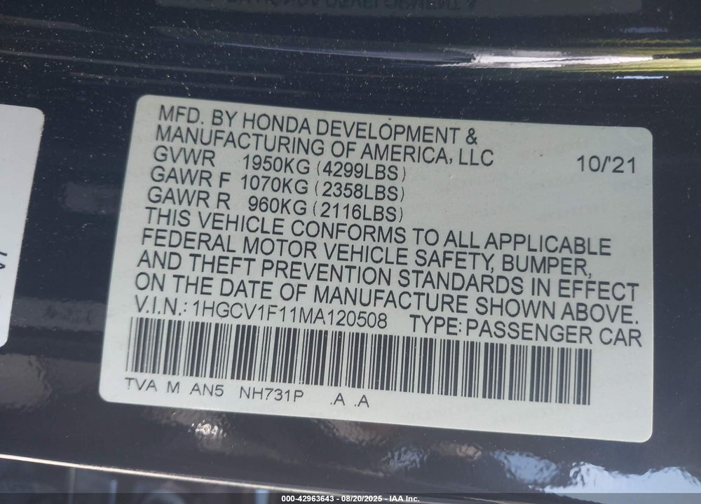 2021 HONDA ACCORD VIN: 1HGCV1F11MA120508