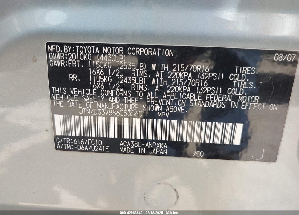 2008 TOYOTA RAV4 VIN: JTMZD33V886053560