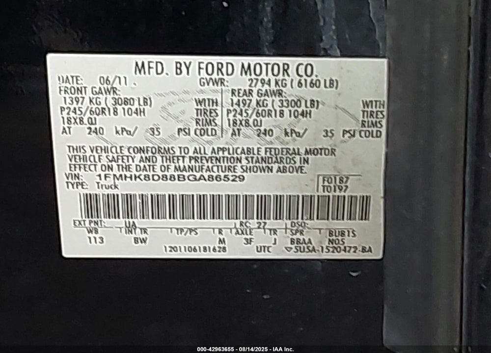 2011 FORD EXPLORER VIN: 1FMHK8D88BGA86529