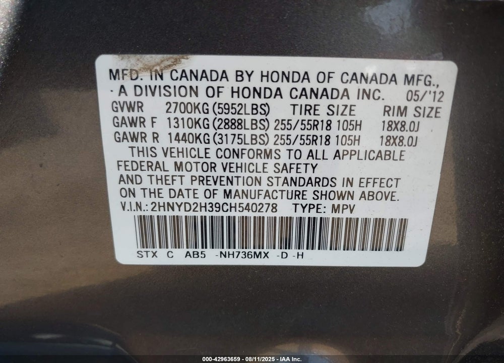 2012 ACURA MDX VIN: 2HNYD2H39CH540278