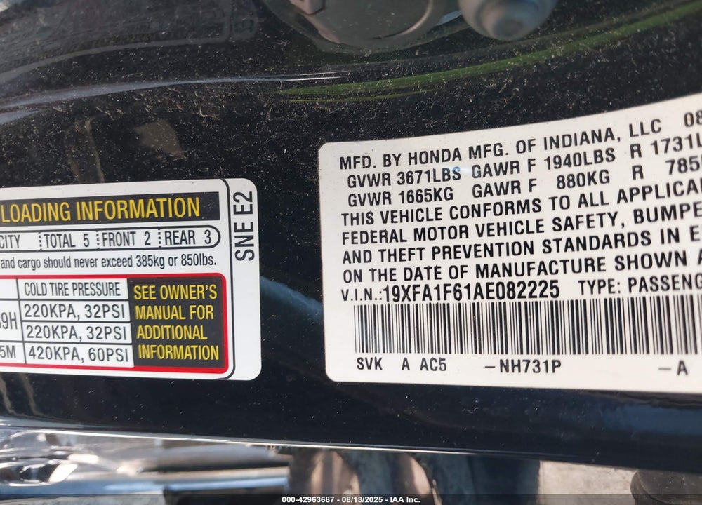 2010 HONDA CIVIC VIN: 19XFA1F61AE082225