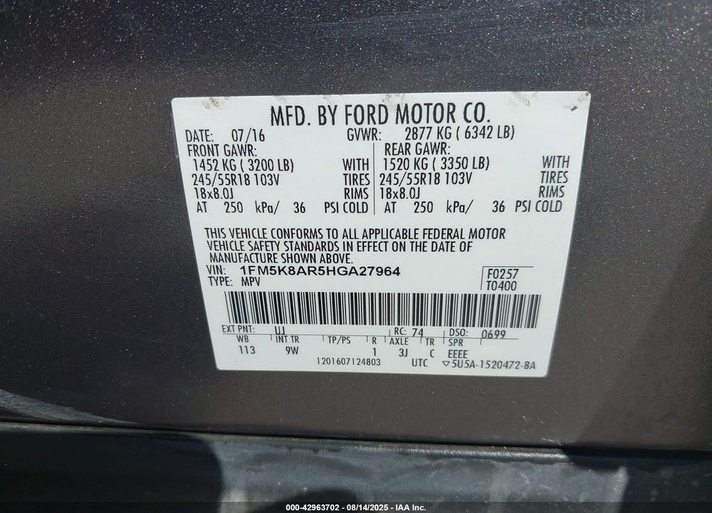 2017 FORD POLICE INTERCEPTOR VIN: 1FM5K8AR5HGA27964