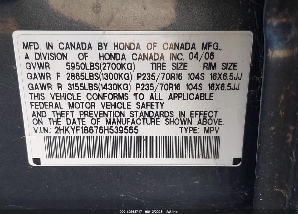 2006 HONDA PILOT VIN: 2HKYF18676H539565