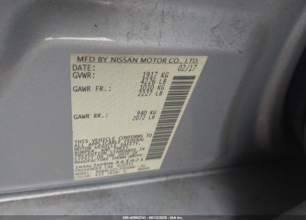 2017 NISSAN ALTIMA VIN: 1N4AL3AP8HN341921